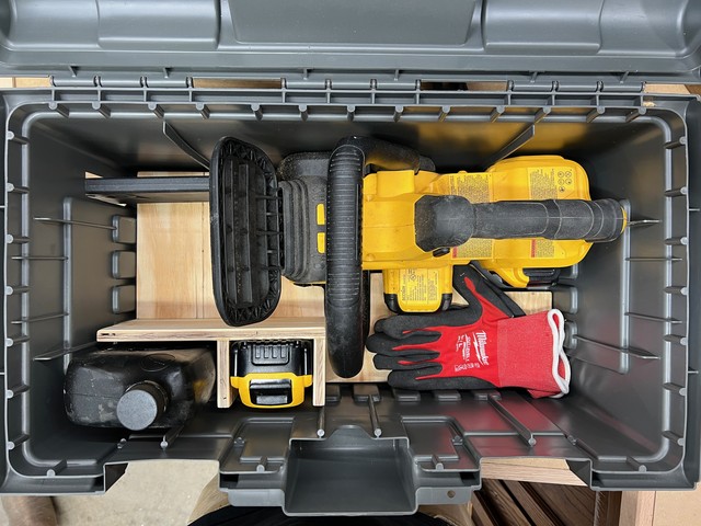 Chainsaw, Bar Oil, Spare battery, and gloves securely stored. Well balanced with enough room to throw the charger in as well.