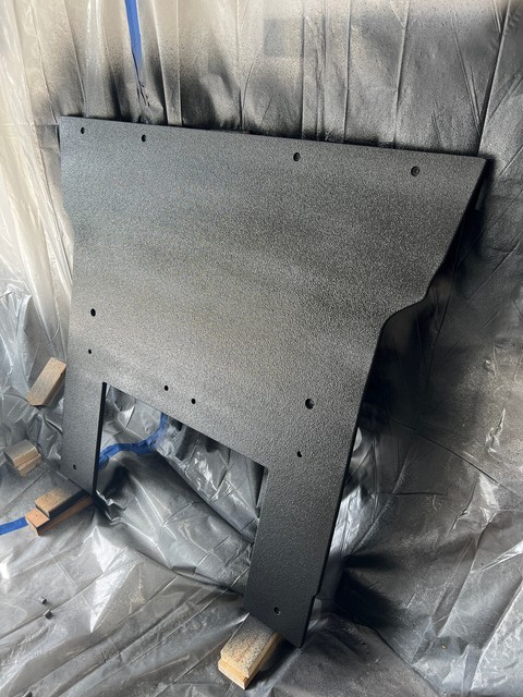 First time spraying bedliner. Got a bit of tiger striping on this big piece, but I think it'll settle out a bit. And it'll also mostly be covered by a sheet of rubber anyway.