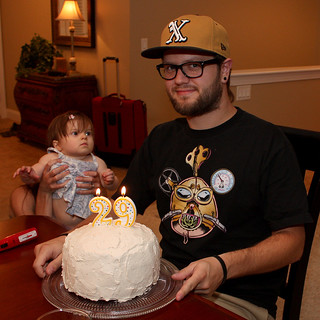 Me, Poppy, and mom's red velvet cake with 29 candles