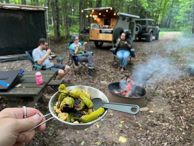Homemade mac and cheese with Brussels and Garden Shishitos