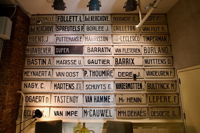 These were apparently old hand painted signs of the competing horses at a Belgian race track.
