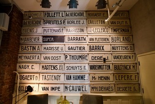 These were apparently old hand painted signs of the competing horses at a Belgian race track.