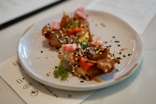 striped Bass and homemade giardiniera on a kimchi tostada. wtf. so good.