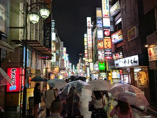 More tiny streets lined with signs and umbrellas.