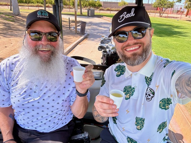 Jeff pre-makes a rambler of frozen margarita to be enjoyed in small cups throughout a round of golf