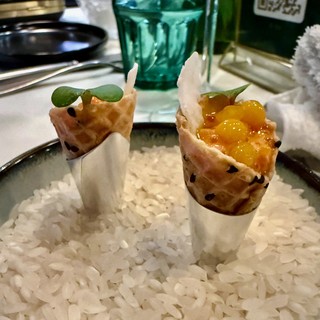 These baby waffle cones with mango and salmon roe were delicious