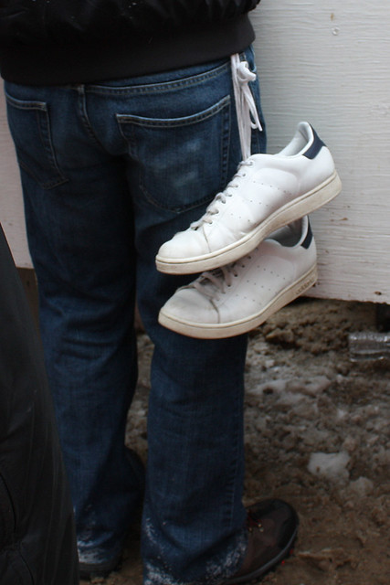 I couldn't quite figure this out... did he wear his white shoes to Bock Fest then change???