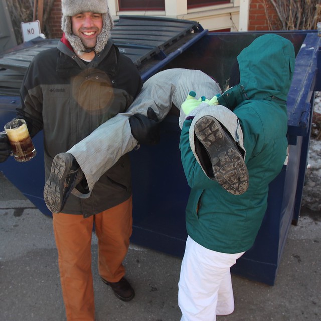 "Help me reach those recyclable glasses so I can get a free beer!"