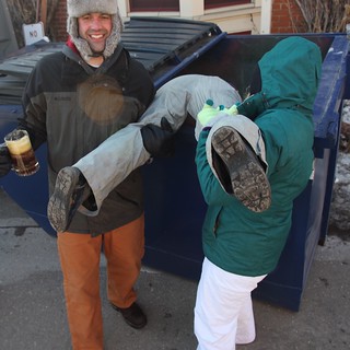 "Help me reach those recyclable glasses so I can get a free beer!"