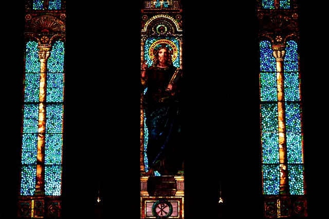 Stained glass at the back of the church