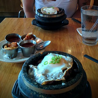 Stumbled upon some bibimbap. Kari's first time out of a stone pot.