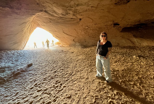 This cave is apparently normally pitch black. We happened to be there at the time of year and day where the sun can shine through.