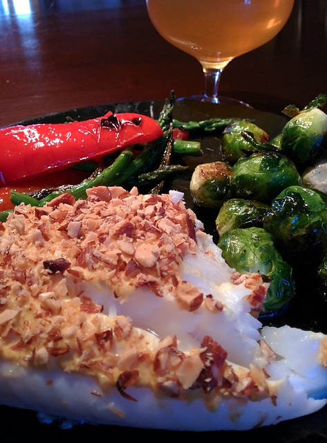 Almond, Dijon encrusted halibut. Brussel sprouts. Grilled veggies.