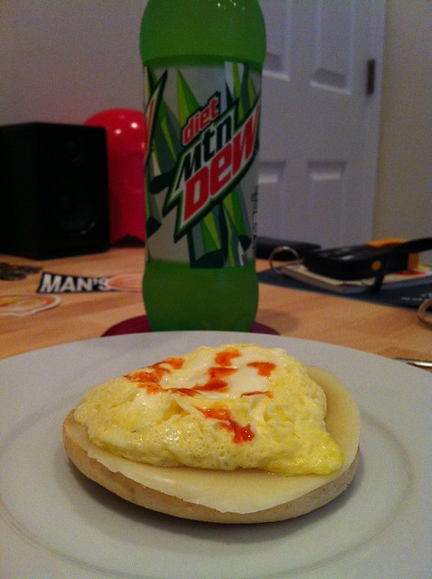 Finally got groceries. Finally back to eating my ol open faced bagel/egg/cheese/cholula breakfast.