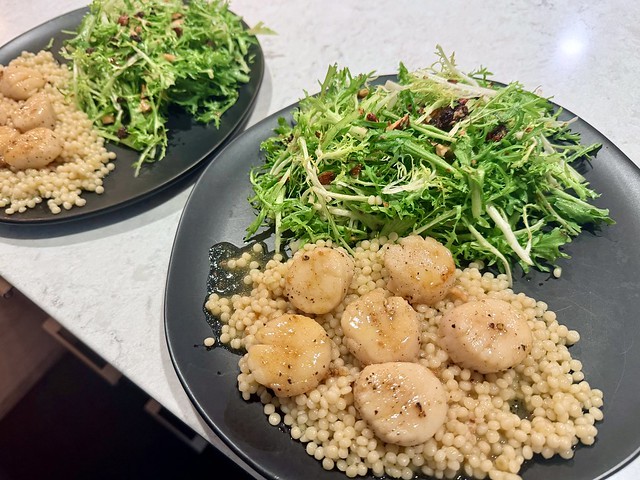 Made some scallops, couscous and frisée salad