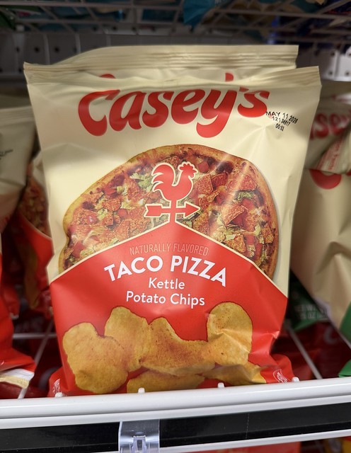 Casey’s taco pizza flavored potato chips. Naturally flavored.