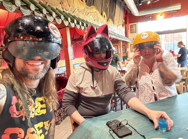 “Can we wear those helmets?” “Only if you do a kamikaze shot”