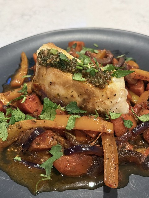 Made some halibut and sweet potatoes and peppers and stuff.