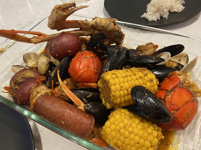 Seafood and corn and kielbasa and stuff