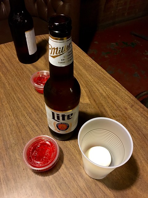 A Miller Lite, Jell-O shot, and a pickled egg. Courtesy of Zay.