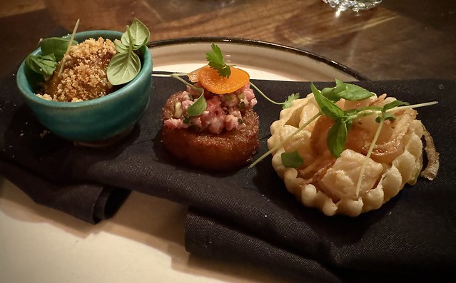 Course 2 - amuses included a potato cake with beef tartare and fish on some kind of rice bowl