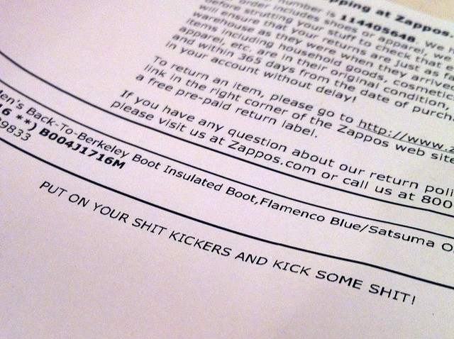 A gift note from zappos