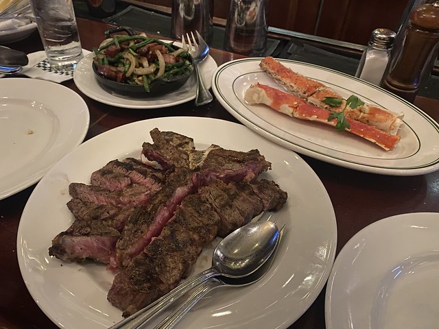 Treatin ourselves to a porterhouse, some crab, n beans.