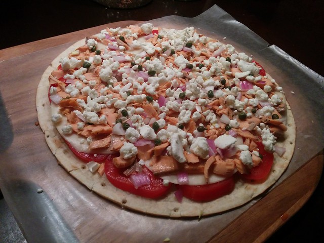 Makin pizza with some of mom's fresh caught and smoked alaskan salmon.