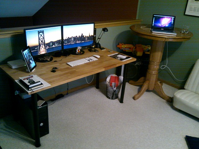 Temporary stand-up workstation. Definitely working more on the  stand-up desk than the sit-down desk.