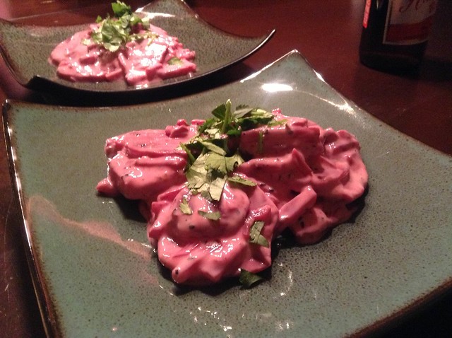 Tonight, we drink wine and cook Indian food. 1st course: beat salad.