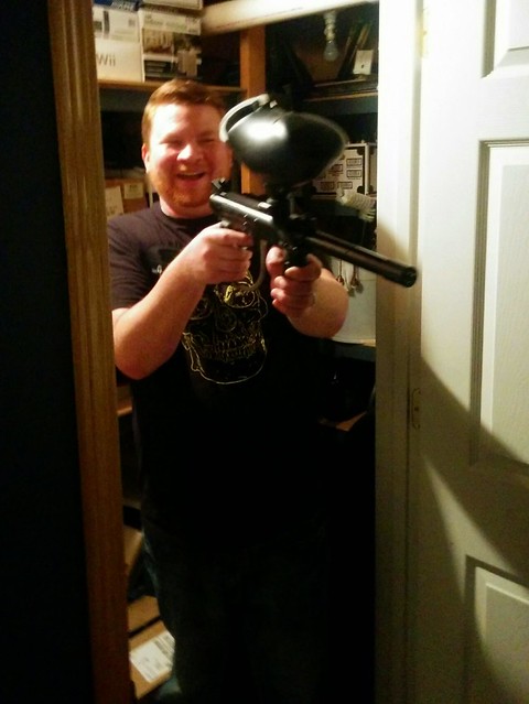 A maniacal Craig comes out of the closet with my paintball gun