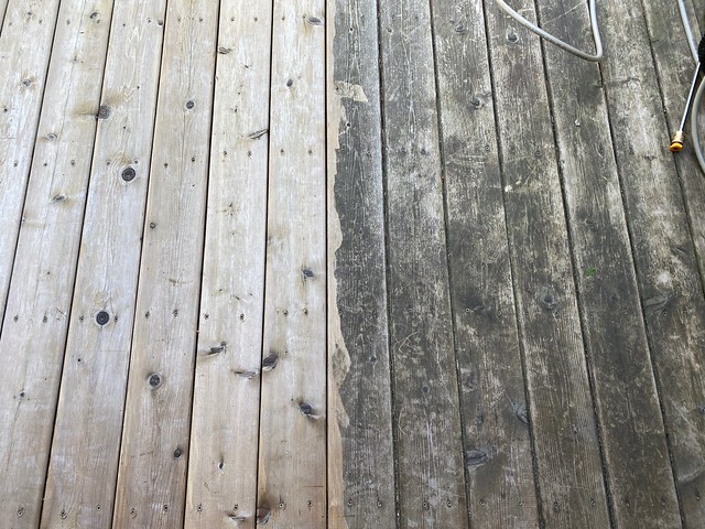 A half pressure washed deck