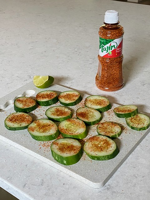 Garden cucumbers + tajin spice = so tasty