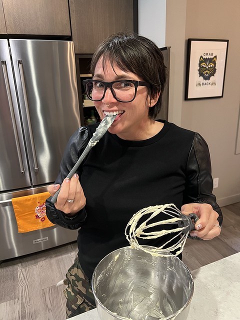 She was excited to come home and find some almond cake dough to snack on.