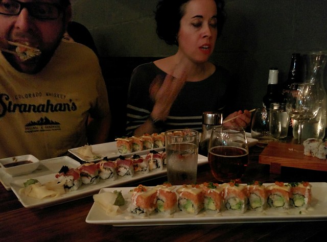 Cramming sushi into our mouths with Jon and Liz!