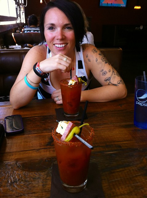 Havin a birthday bloody mary and QC style pizza with wifey. <3