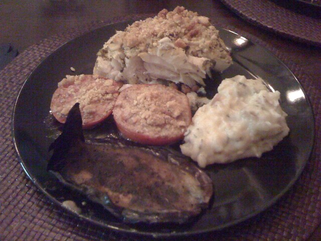 Homemade Fish, Tomatoes, Eggplant, and Potatoes at dad's