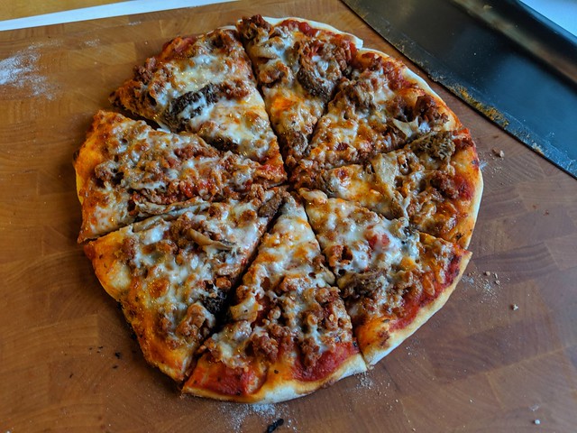 Wood fired sausage and morel mushroom pizza