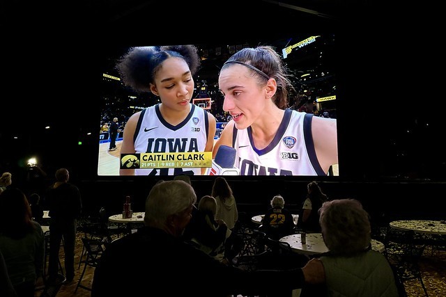 Hannah Stuelke and Caitlin Clark after beating UCONN