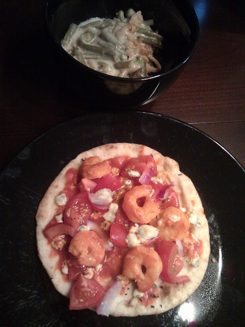 Random homemade dinner combo by kari: Green bean casserole and buffalo shrimp flatbread...