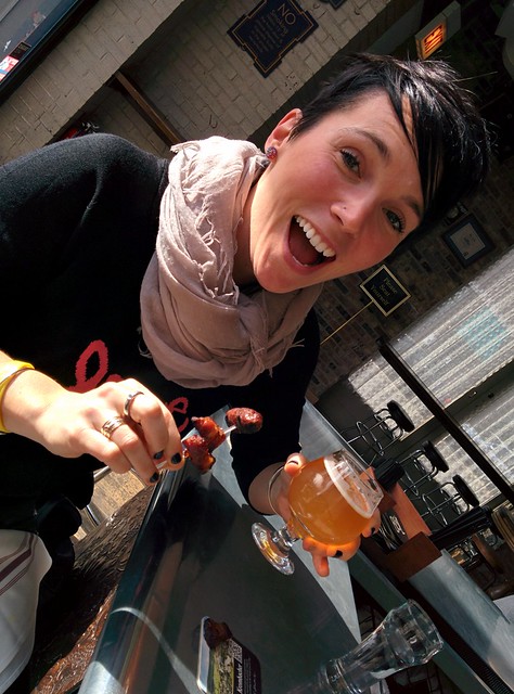 In which kari special orders a side skewer of bacon and andouille sausage to go with her Belgian beer.