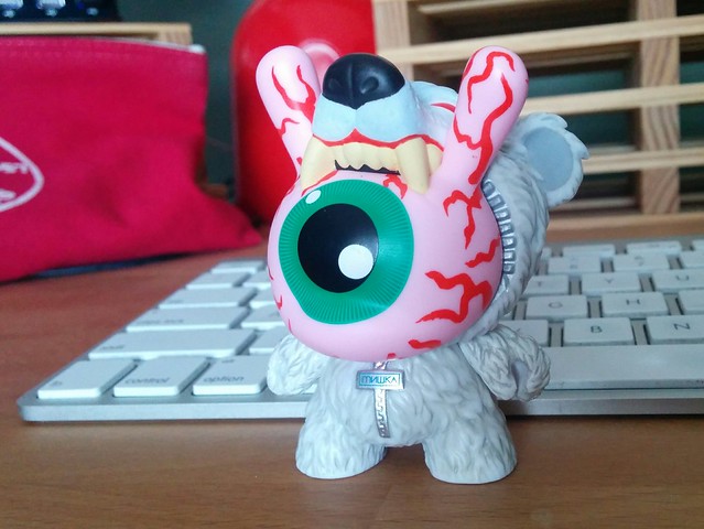 This is my new little eyeball bunny wearing a zip up polar bear hoodie dude.