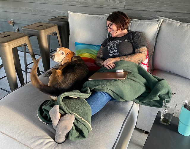 Old boye knows he’s not supposed to be on the patio furniture