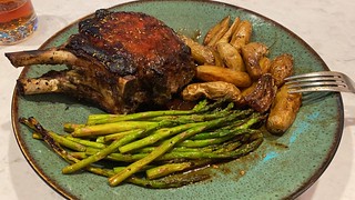 Double pork chop. Taters. Sparagus.