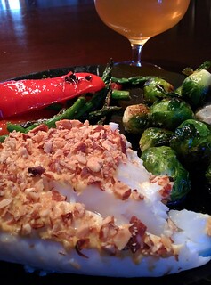 Almond, Dijon encrusted halibut. Brussel sprouts. Grilled veggies.