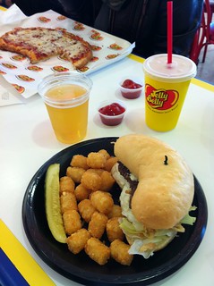 Mobile - Drinking beer and eating jelly bean shaped burgers at the Jelly Belly factory.