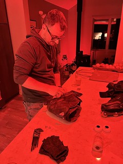 I got some new wheels and bearings for my skates. Jeff decided now was a good time to work on them. On the kitchen counter. This has turned into quite a happy hour.