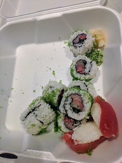 Sushi - Takeout sushi + driving like an asshole.