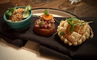 Course 2 - amuses included a potato cake with beef tartare and fish on some kind of rice bowl