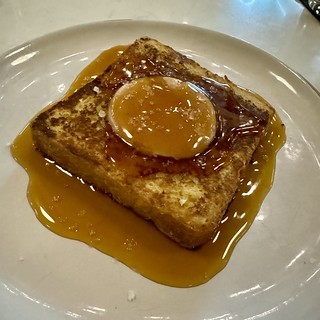 This is a brioche French toast toad in a hole with apple butter and foie in the middle. Topped with syrup and sea salt. It was ridiculous.